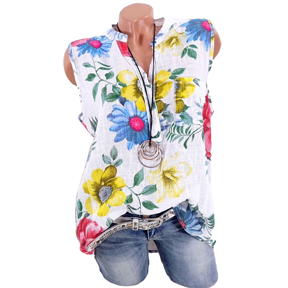 Fashion Summer Plus Size Flower Leaves Print Women Stand Collar Sleeveless Tank Top Vest | Женская одежда