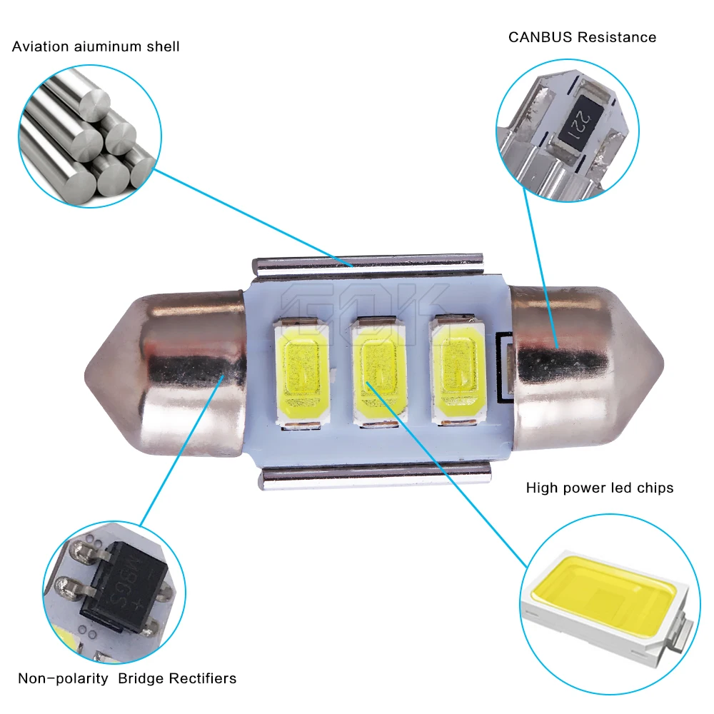 50 шт./лот гирлянда 31 мм купольная 3SMD 5630 5730 Светодиодная CANBUS освещение для салона