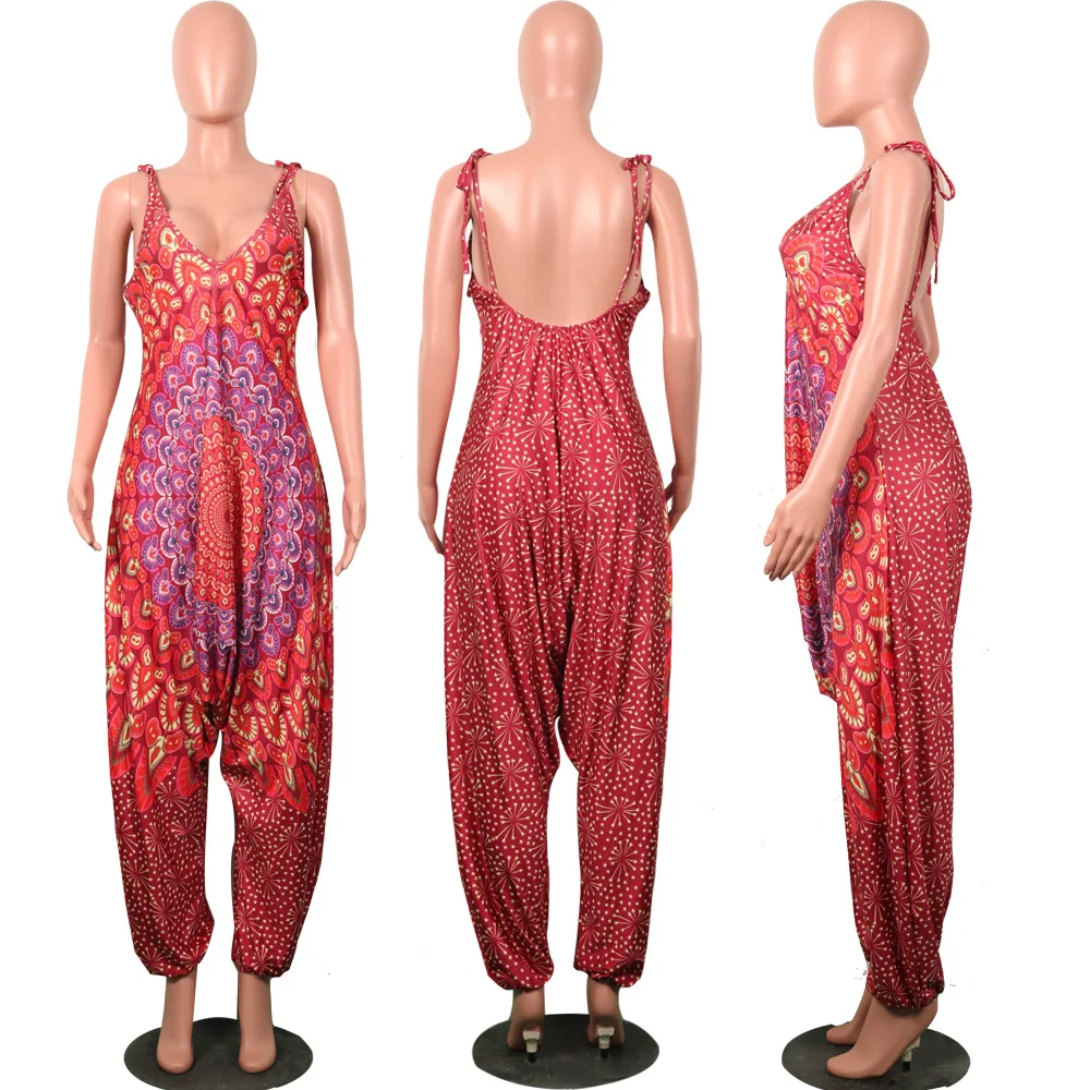 

Simple vintage print boho jumpsuit romper v neck sleeveless loose summer jumpsuit women overalls casual K3328