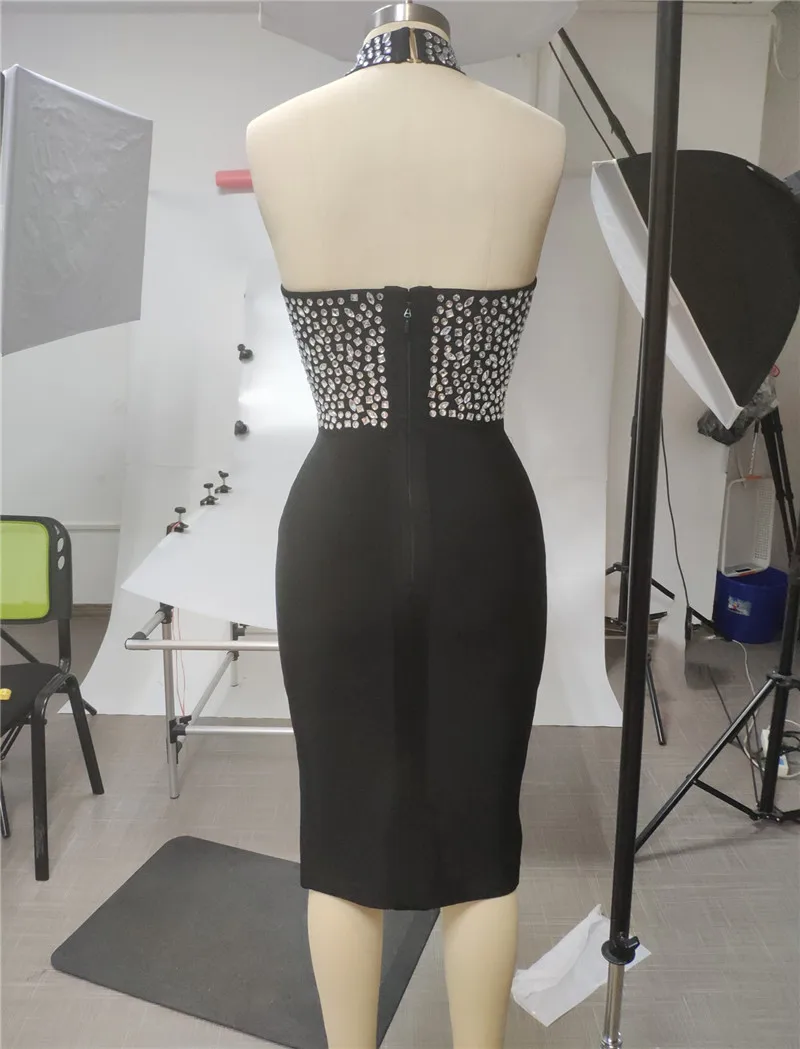 

Black khaki Beading halter cut out backless Summer Womenc Sleeveless Bandage Vestidos 2018 New Bodycon Celebrity Party Dress