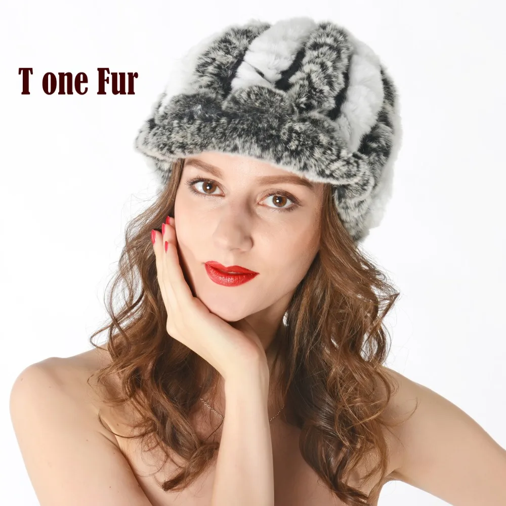 Женские вязаные шапки с козырьком из натурального кроличьего меха зимние теплые
