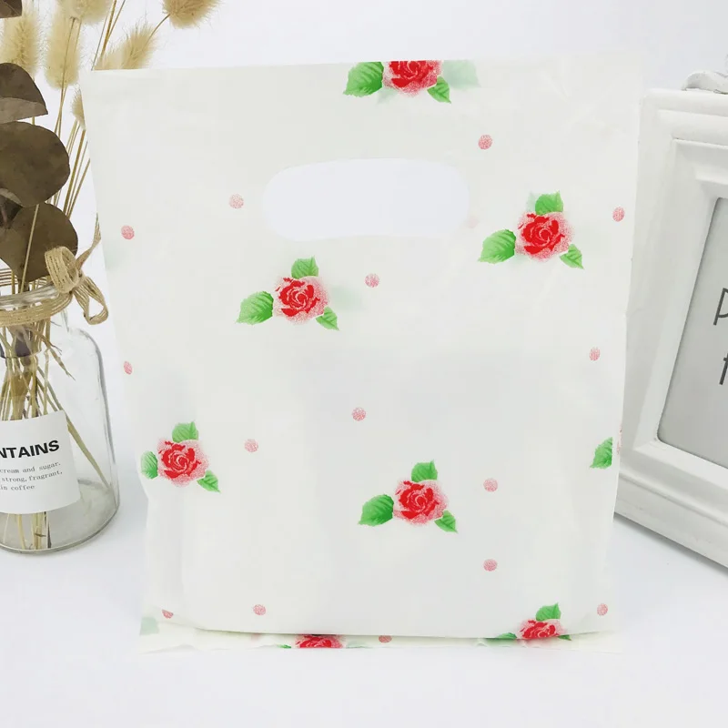 

Yellow Red Rose Plastic Gift Bag Boutique Shopping Jewelry Handle Bags Pouches Plastic Gift Bags With Handles 20X25CM 100pcs