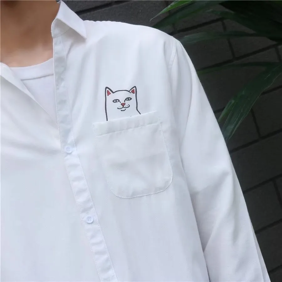 Fashion Lovers Shirt Men's Pocket Cat Cute Pet Long Sleeve Literary Autumn And Winter Wear | Мужская одежда