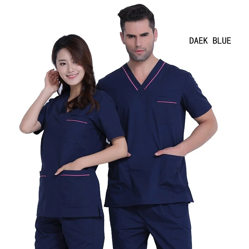 dark blue Мужской Топ из чистого хлопка, одежда для доктора, классическая форма с v-образным вырезом для кормления, рубашка с коротким рукавом и боковой шлицей(только топ - Цвет: dark blue