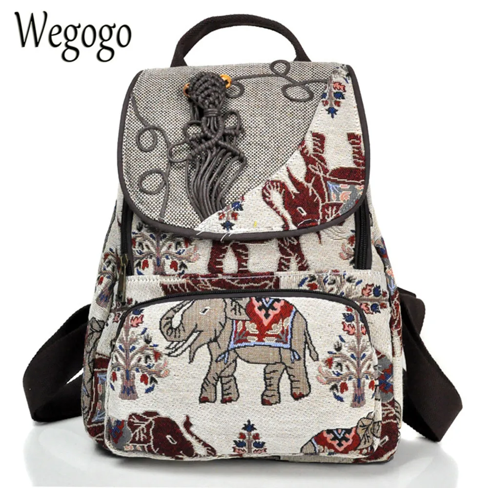 

Thail Boho Women Cotton Backpack Elephant Embroidered Backpack Canvas Shoulder Bag Travel Rucksack Schoolbag Woman Mochila