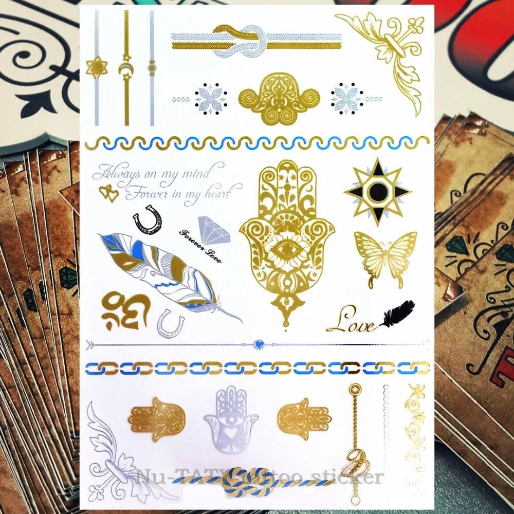 Тату Наклейка на тело с золотыми перьями и бабочками 21 х15 см|flash sticker|tatoo stickerbutterfly