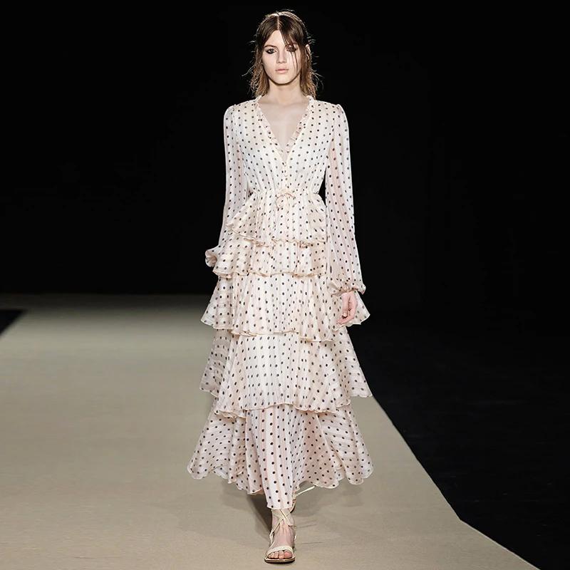 France style polka dots Dress Fashion lantern sleeves ruffles dress Women's V neck long party A017 | Женская одежда