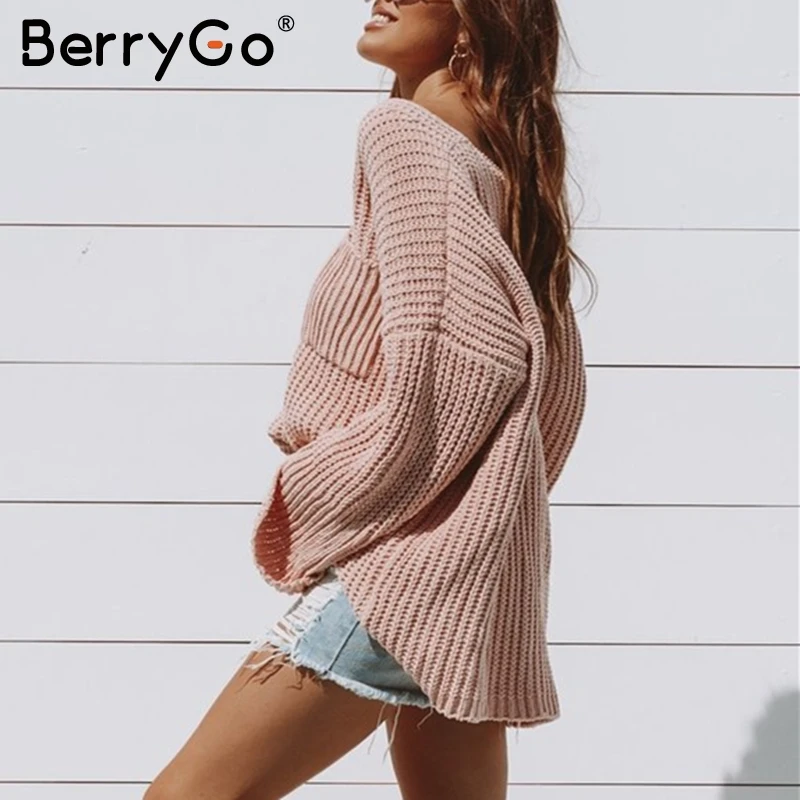 BerryGo Повседневный вязанный женский свитер с карманами v-образный вырез свободный