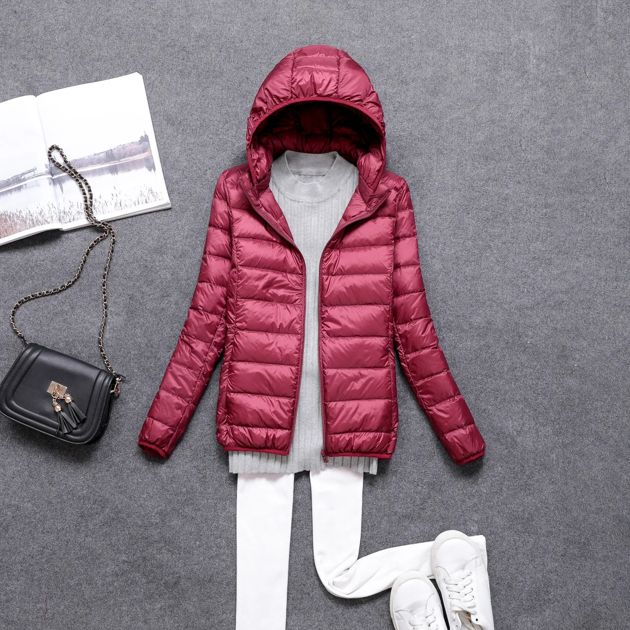 Women 90% Duck Down Ultra Light Down Jacket detachable Hat Fashion Autumn Winter Warm Slim Zipper Jackets Women - Цвет: Red wine