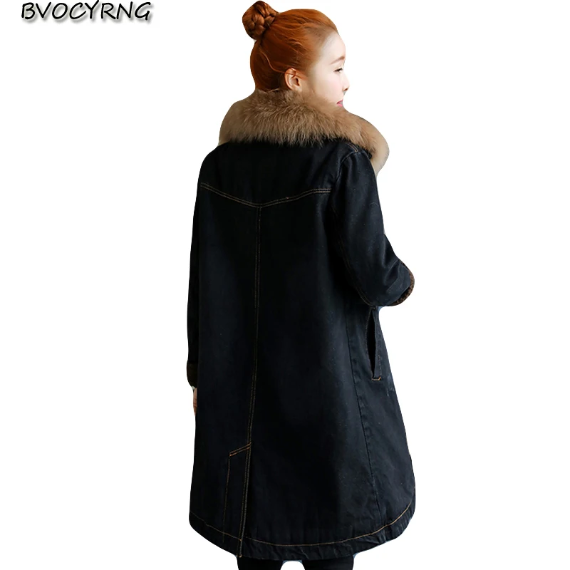 

2018 Winter Velvet Thick Denim Jacket Fashion Big Fur Collar High-end Clothing Warm Lamb fur Coat Female Long Loose Parka A0962