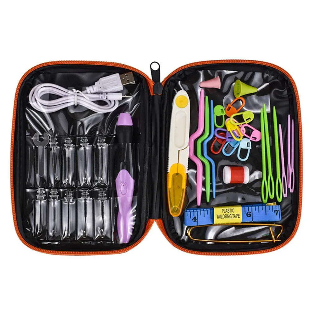 Rechargeable Lighted Crochet Hook Kit LED Lighting Knitting Needles 9 Sizes Hooks Replaceable Top Sewing Tools with Bag | Дом и сад