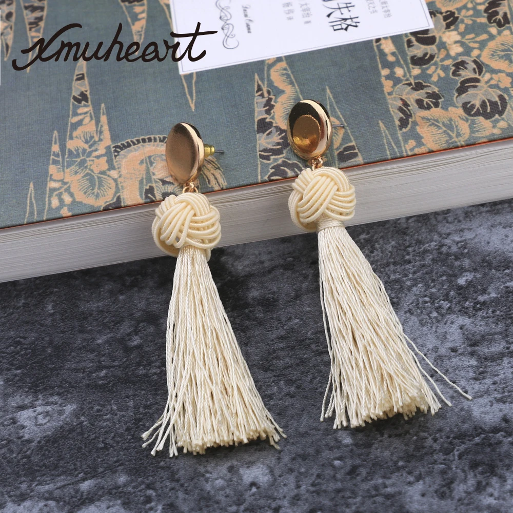 XMUHEART Stud Earrings For Women Long Tassel Vintage Blue Fashion Jewelry Pompom Rope Knot | Украшения и аксессуары