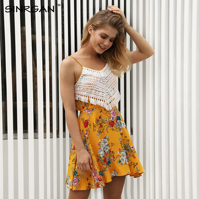 SINRGAN Boho Флора печати в этническом стиле летнее платье майка без рукавов с