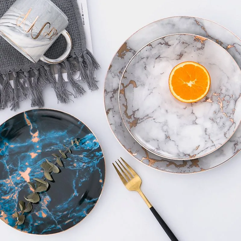 Европейский стиль мраморные плиты керамическая посуда золотой инкрустацией фарфоровая десертная тарелка Стейк Салат закуски торт тарелки Посуда