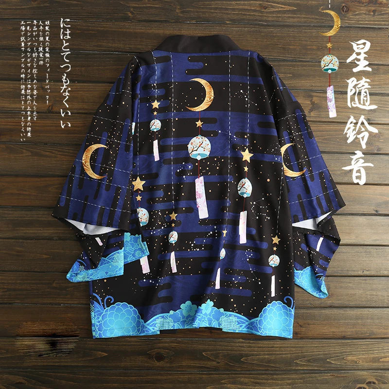 Japanese Style Star Moon Windbell Print Kimono Haori Yukata Fashion Summer Sunscreen Cardigan Coat Women Men Cosplay Couple Tops
