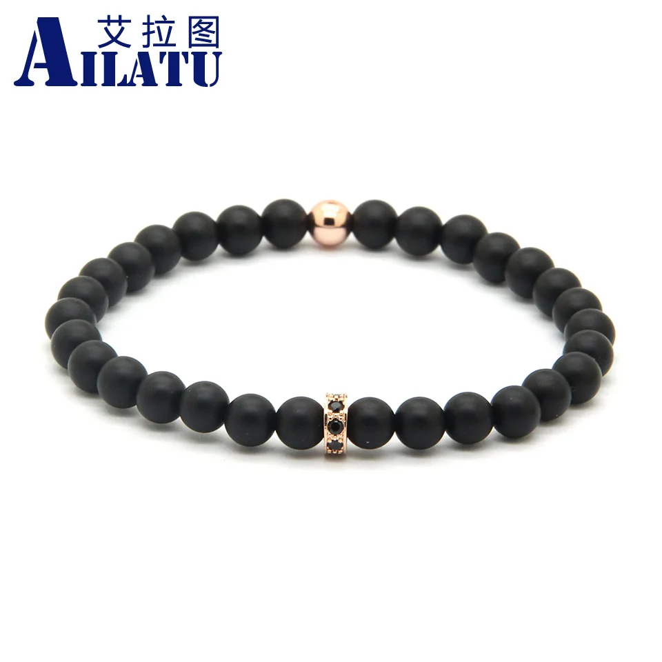 Ailatu Lady's Summer European American Fashion Brand 6mm Matte Onyx Stone with Micro Inlay Black Zircons Wheel Spacer Bracelet |