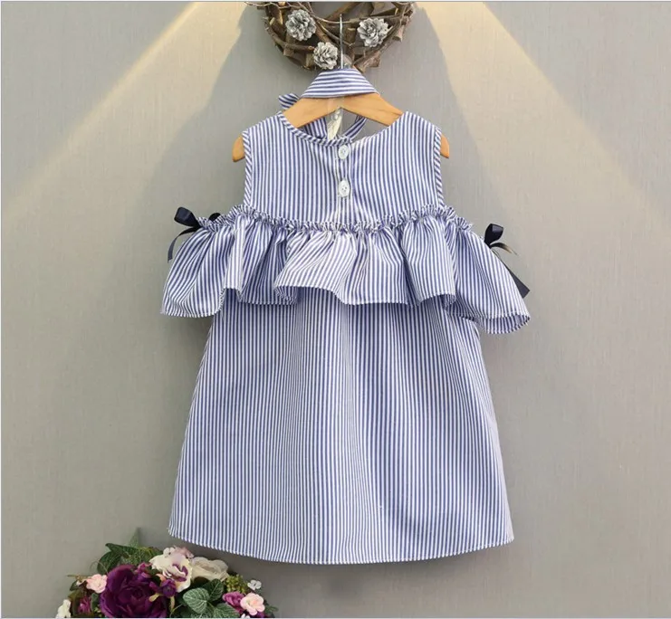 Summer Teen Girls Clothes Blue Stripe Dress for Kids Ruffles Dress+Headband Children New Cotton Wear 1-12Y | Детская одежда и