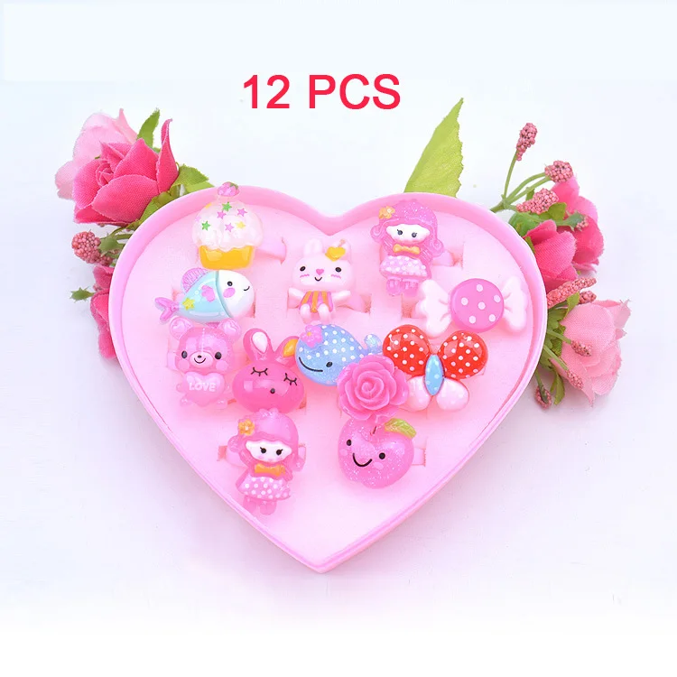 12 PCS Детские игрушки ручной работы, пластиковые Мультяшные животные, цветок, кольцо из смолы, кольцо для детского сада, детский приз, подарок для девочек - Цвет: 12 PCS