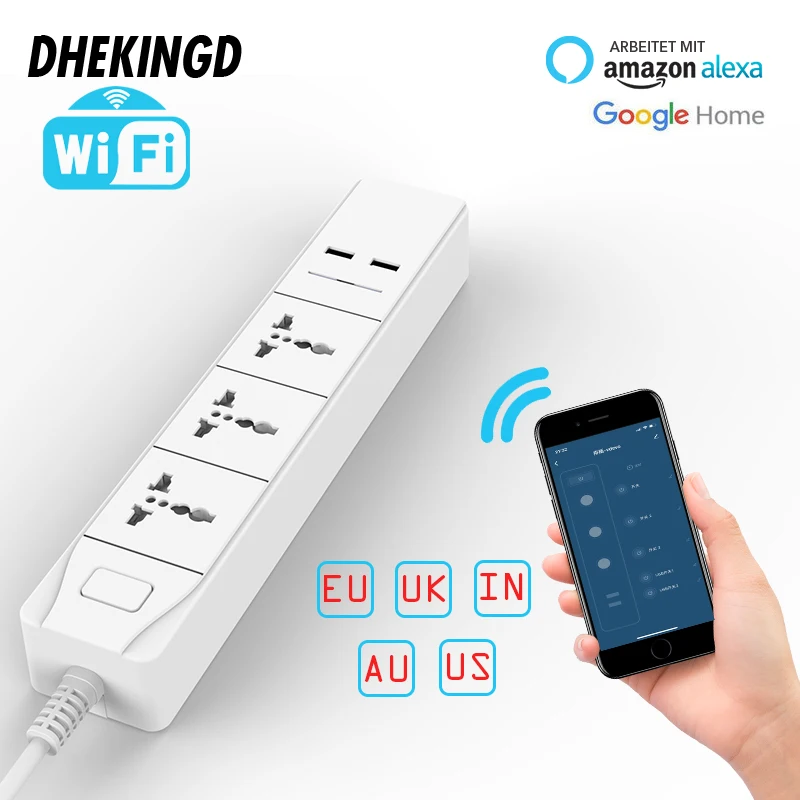 smart Wifi Power Strip with Universal 3 Socket 2 USB Charging Station Work with Alexa Google Home Assistant UK/AU/EU/India Plugs