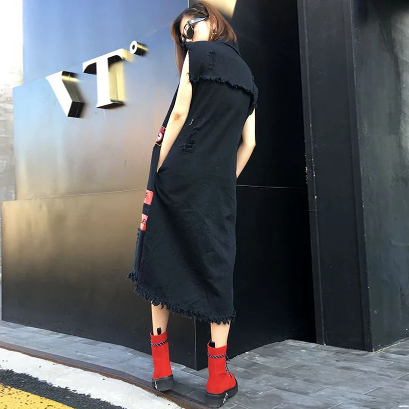 Для женщин мыть без рукавов Длинный джинсовый пиджак куртка с модным принтом