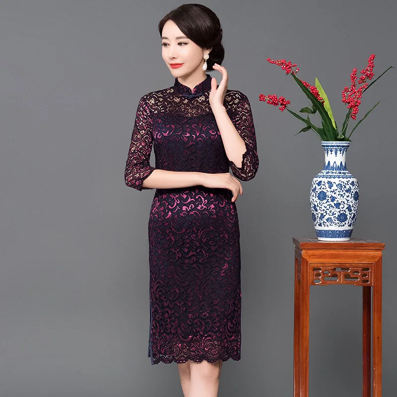 

Ladies Lace Cheongsam 2019 Chinese style Mandarin Collar Knee Length Dress Womens Qipao Slim Party Dresses Vestido