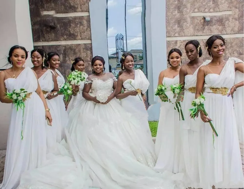 African Cheap Chiffon One Shoulder Bridesmaid Dresses Country Pearts Wedding Party with Sash Beaded Plus Size | Свадьбы и торжества
