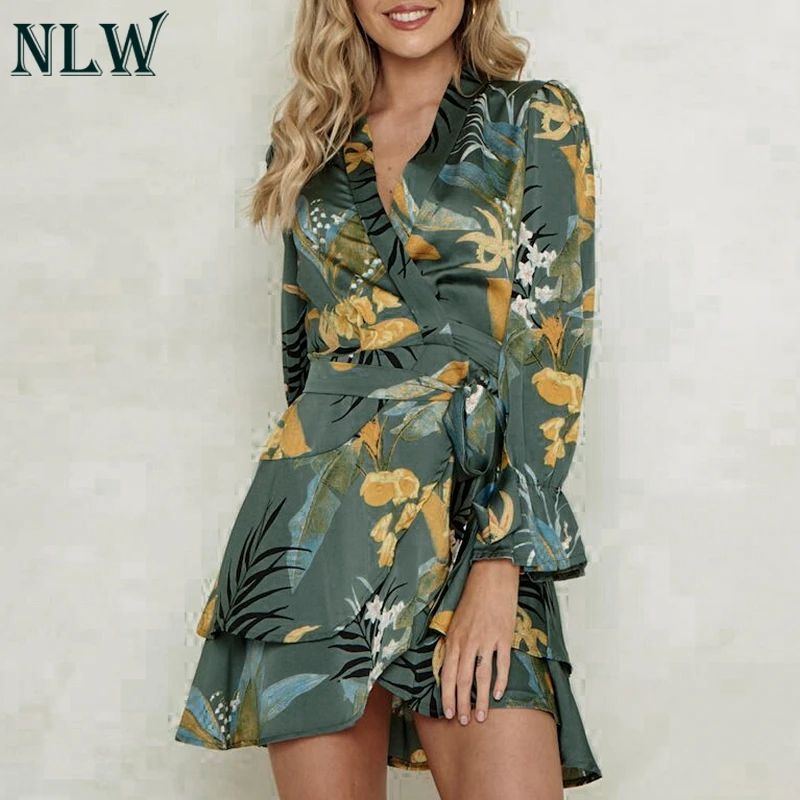 NLW Feminino wrap зимние платья Vestido с оборками богемное цветочное вечернее платье vestidos