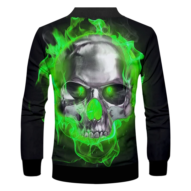 

UJWI Man Hip Hop Green Flame Skulls Zip Jacket 3D Printed Street Clothing Men's Personality Punk Rock Big Size 6XL
