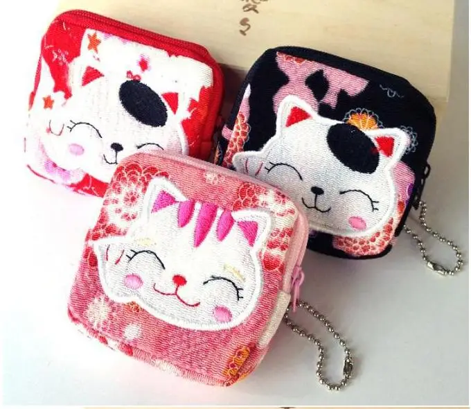 50pcs/pack Lovely Women Purse Lucky Cat 10 Styles Small Zero Wallet Cloth Coin Purses Canvas Bag Student Gift Wholesale 8*8 cm