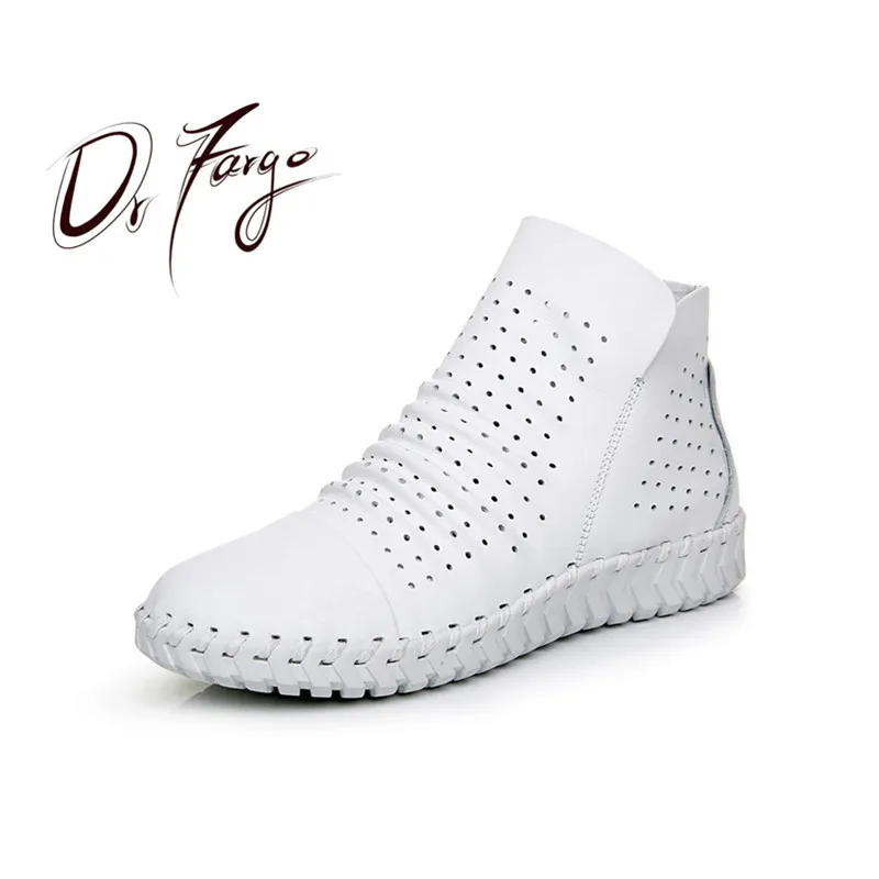 DRFARGO Summer Shoes Women Genuine Leather Ankle Boots side zip super soft sole Breathable Chaussure Femme White Grey size 35-40