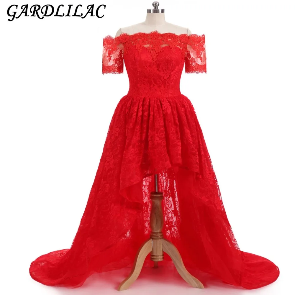

Новинка, реальные фотографии, выпускное платье Hi-Lo, вечернее кружевное платье с коротким рукавом, 2021 Красное Платье макси с открытыми плечам...