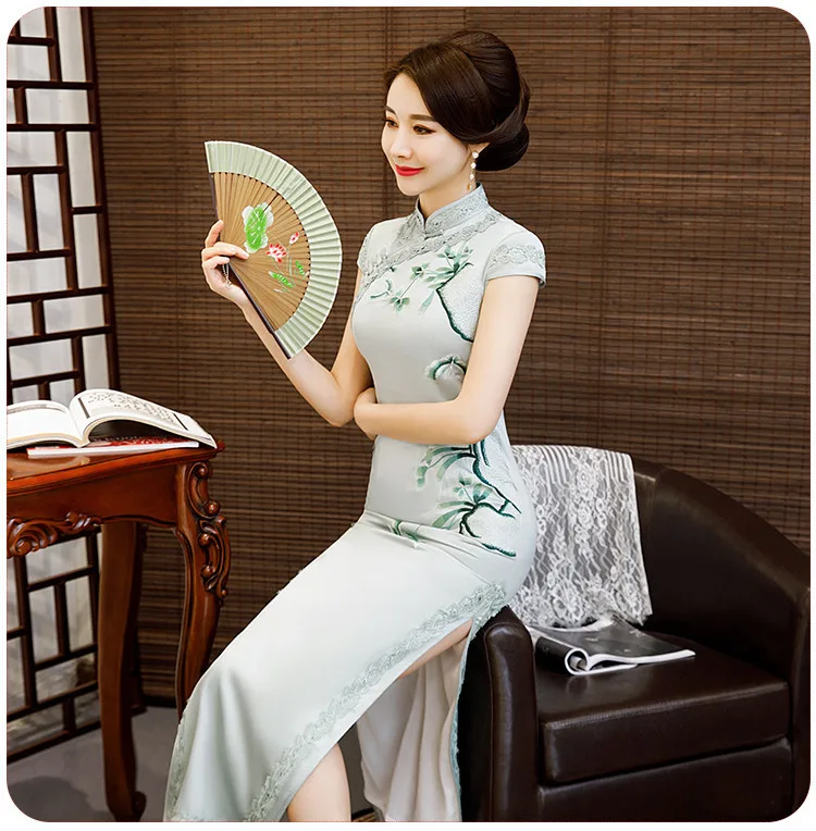 Sheng Coco размера плюс Королевский синий китайский шелк Qipao атлас Cheongsam платья Длинные Кружева Окаймленный воротник Qipao 4XL вышитые цветы