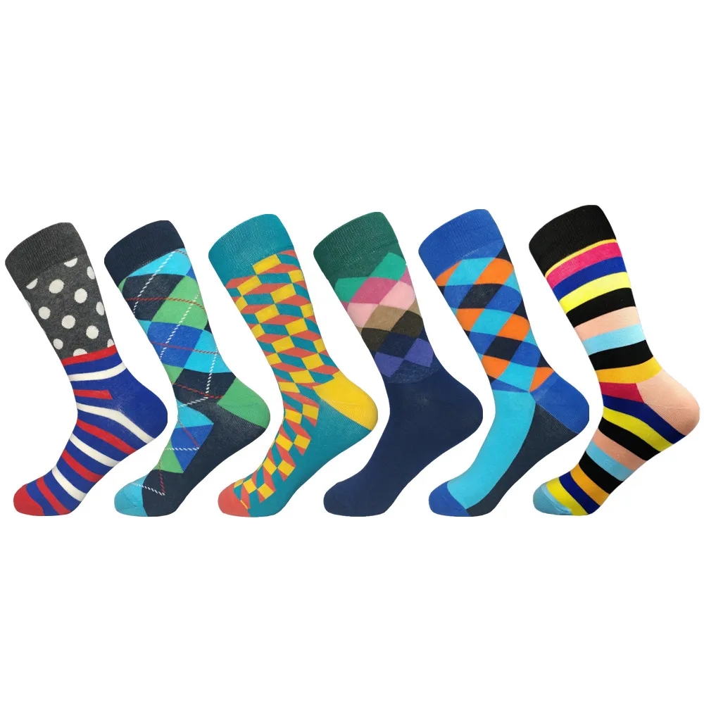 Многоцветный Happy Socks бросился Sokken Забавный узор яркие красочные Для мужчин Аргайл картины маслом точка полосатый хлопок свадьбы(6 пар/лот - Цвет: Многоцветный