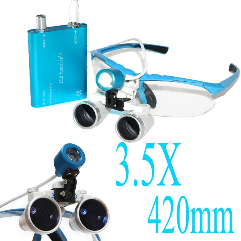 Brand New BLUE Dentist Dental Surgical Medical Binocular Loupes 3.5X 420mm Optical Glass Loupe + LED Head Light Lamp | Инструменты