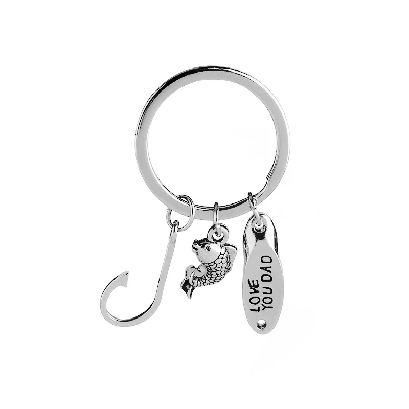 

2021 New Creative Alloy Silver Color Fish Hook Keychain Love You Dad For Father's Day Gift Car Keyring Men Women DIY Jewelry