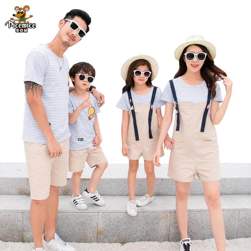 Family Matching Outfits Striped Mother Daughter Overalls Clothes Father And Son T Shirt Short Pants