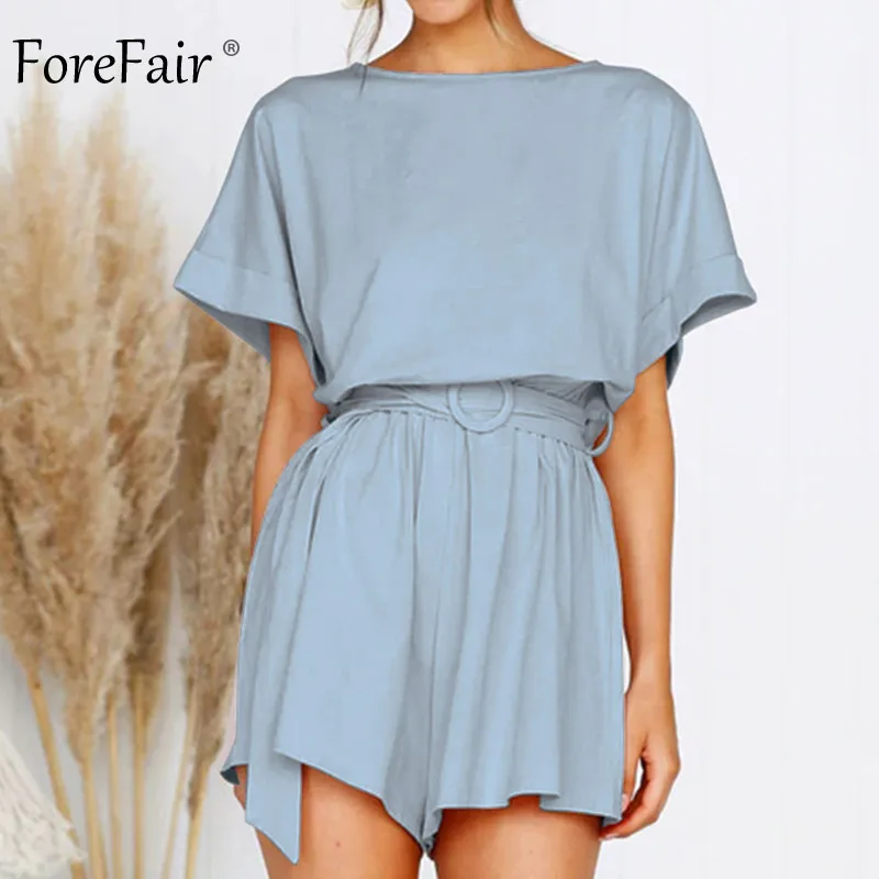 Light Blue Jumpsuit Forefair льняные шорты комбинезон на лето, свободные штаны с эластичной резинкой на талии, короткий рукав на шнуровке легкий костюм с шортами размера плюс с открытой спиной комбинезоны Для женщин - Цвет: Light Blue Jumpsuit