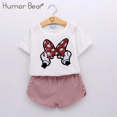 Humor Bear/Коллекция года, одежда для девочек Новая летняя детская футболка на бретельках с кружевом и бантом+ короткие штаны в полоску комплекты детской одежды без рукавов