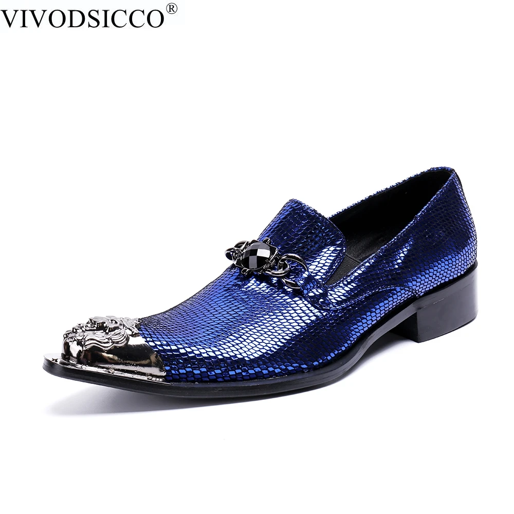 

VIVODSICCO Fashion Italian Office Men Dress Shoes Blue Patent Leather Men Shoes Party Wedding Slip on Metal Toes Men Flat Loafer