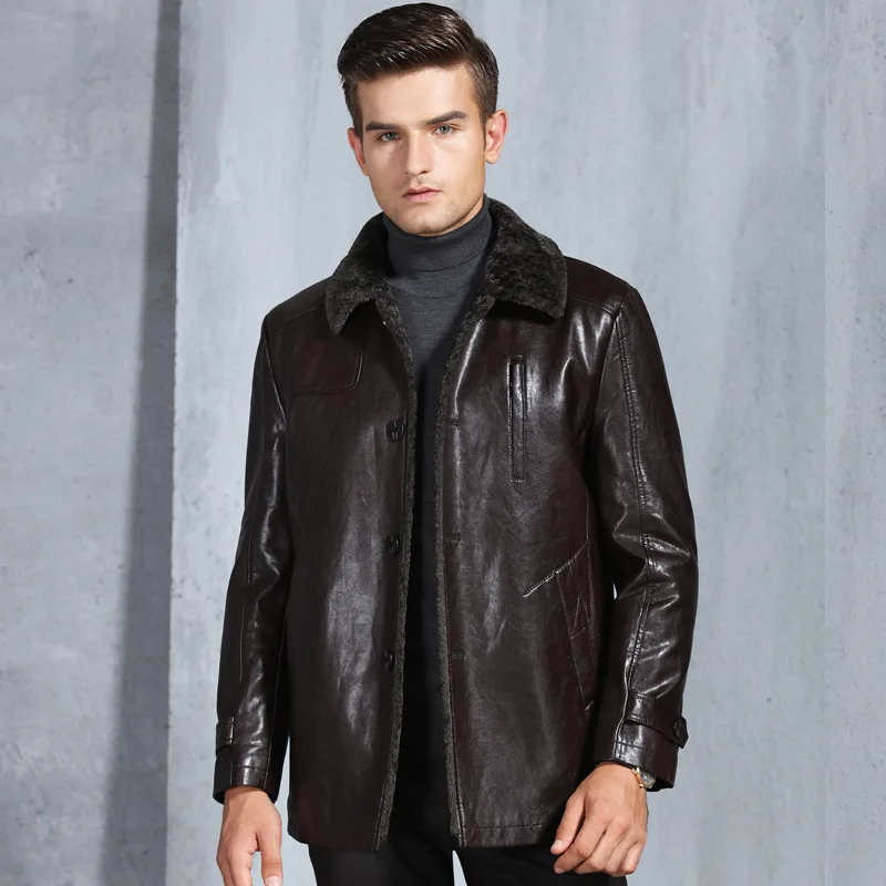 2018 новая зимняя человек кожаный жакет лацкан пальто длинные из натуральной кожи