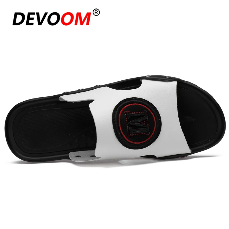 Мужские шлепанцы для дома и пляжа черные кожаные сандалии большие размеры лето