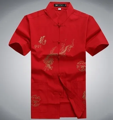 red Dragon shirt Sheng Коко китайская рубашка Для мужчин Дракон узор короткий рукав мужской традиционный китайская рубашка белый Tangzhuang ушу Костюмы человек 3XL - Цвет: red Dragon shirt