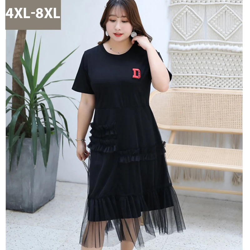 black 4XL-8XL летнее женское Сетчатое платье, повседневное, 5xl, плюс размер, черное платье с буквенным принтом, с оборками, с круглым вырезом, 6xl, 7xl, большие размеры, женские свободные платья - Цвет: black