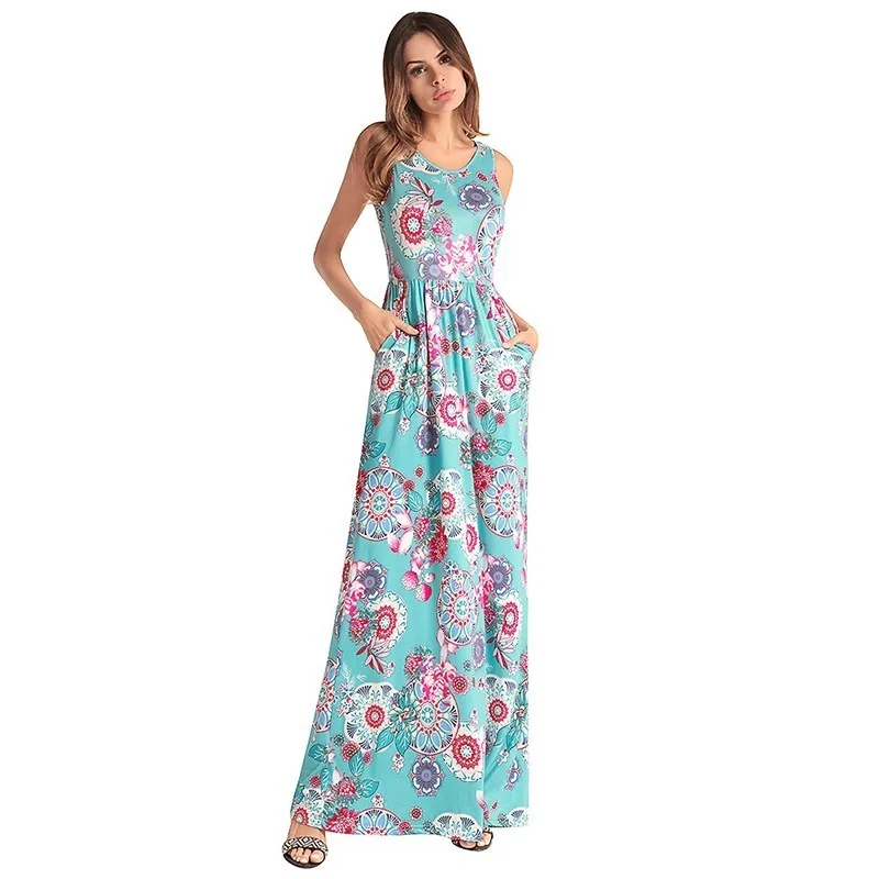 Ruiyige 2018 Women Sexy Tank Maxi Dress Summer Ethnic Floral Print Dresses Casual Pockets Sleeveless Vestidos Long Beach Robes | Женская