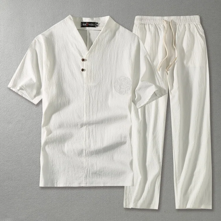 

Men linen Tops&Tees sets plus size M-9XL V neck Embroidery T Shirt Male Tshirts T-shirt Chinese style two-piece suits 5 colors