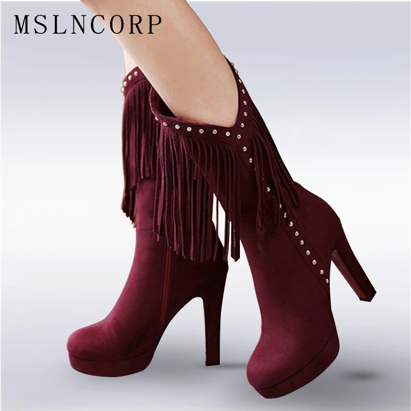 

Plus Size 34-43 New Flock Autumn Winter Fur Women boots Sexy High heels Mid Calf boots Fringe Tassels Fashion Rivets Woman Shoes