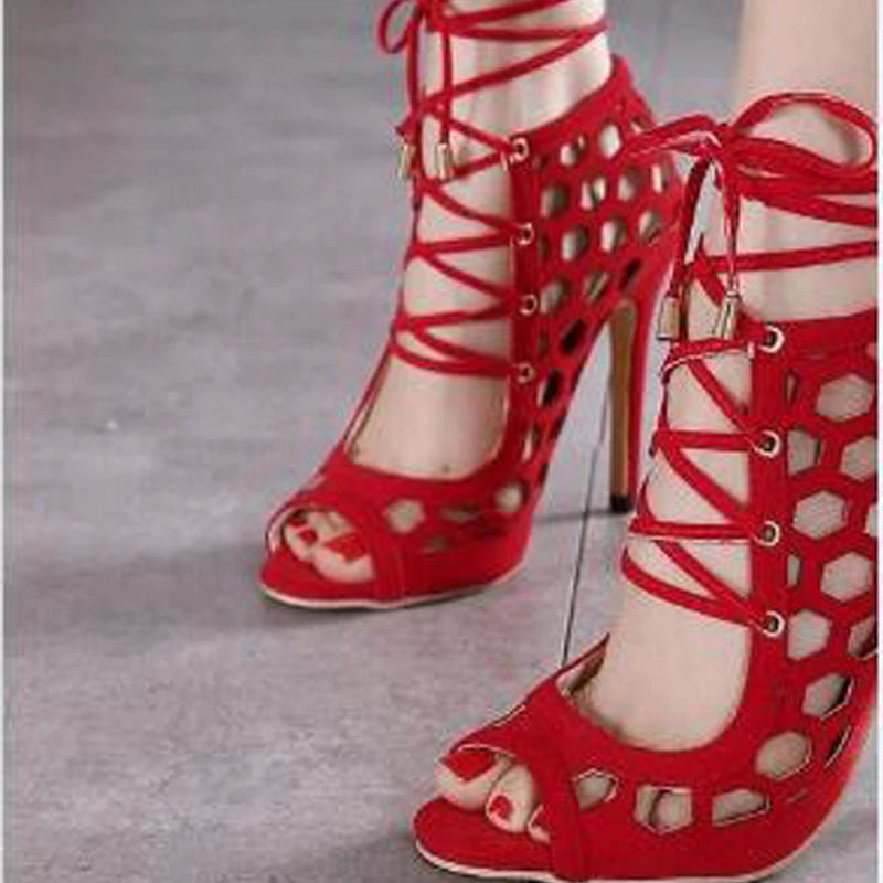 Summer high heels lace up sandals women gladiator hollow out cross strappy ladies shoes sexy black stiletto open toe | Обувь