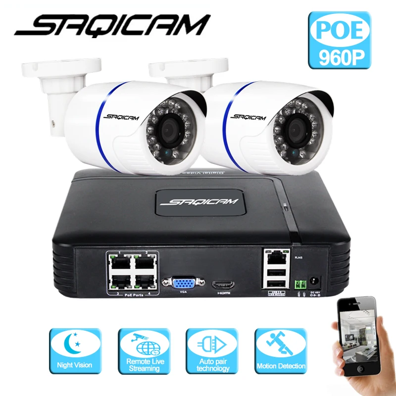 Saqicam 4CH PoE IP камера безопасности Система 1 3 мегапикселей 2 шт 960P пуля камеры ИК