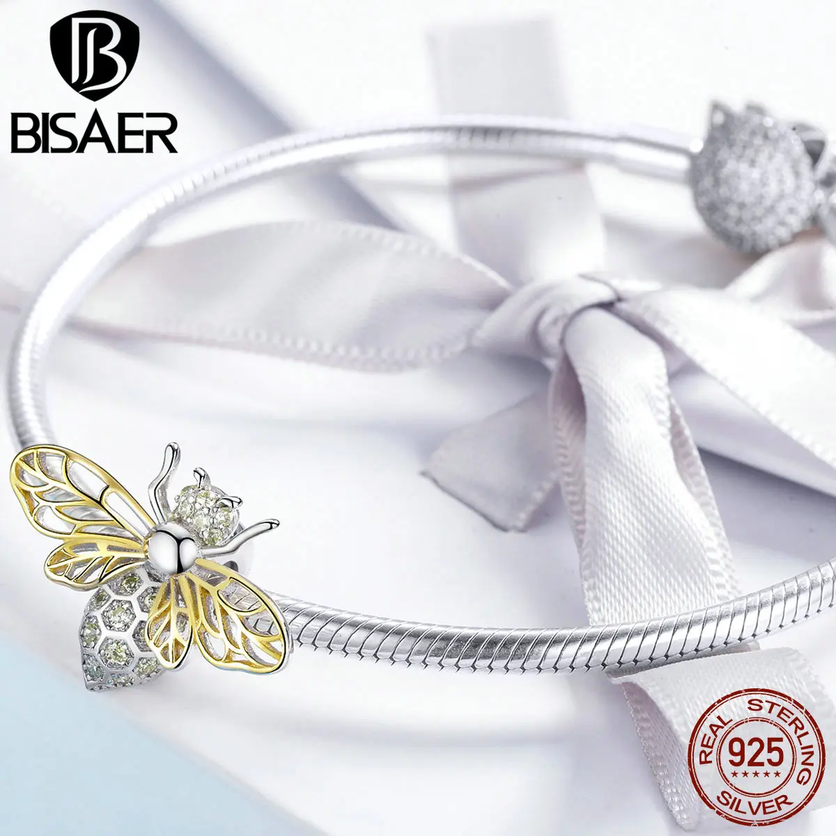 BISAER Горячая 925 пробы серебряные хрустальные пчелы Подвески насекомое пчела бусины подходят для DIY Браслеты серебряные ювелирные изделия EFC067