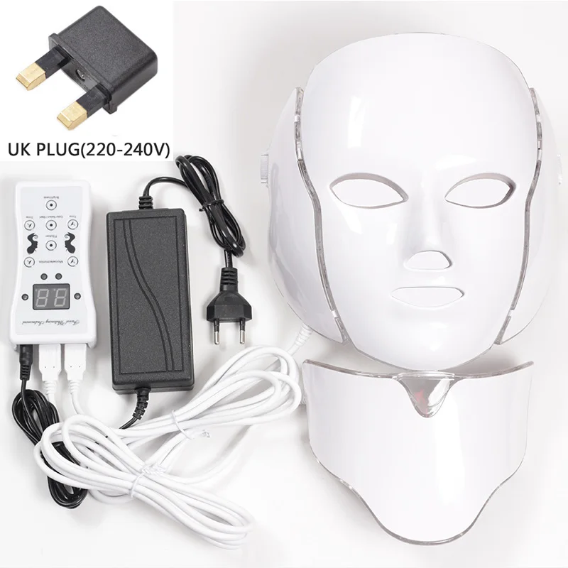 UK Plug With neck Маска led 7 цветов Светодиодная маска для лица светодиодная Корейская фотонная терапия маска для лица машинный светильник терапия маска для акне маска для шеи светодиодная маска для красоты - Цвет: UK Plug With neck